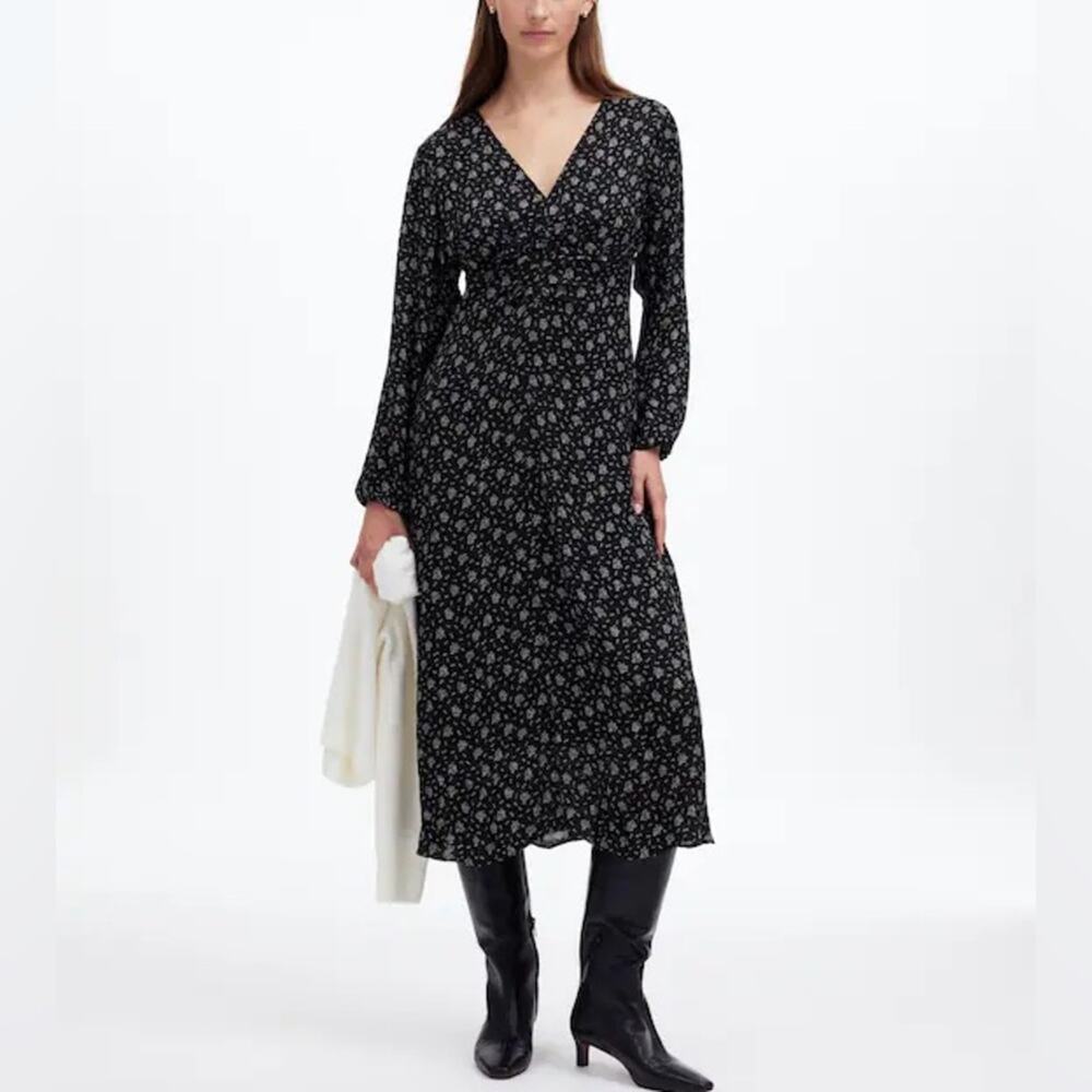 Madewell Floral Ruched Midi Dress in Black Size 8